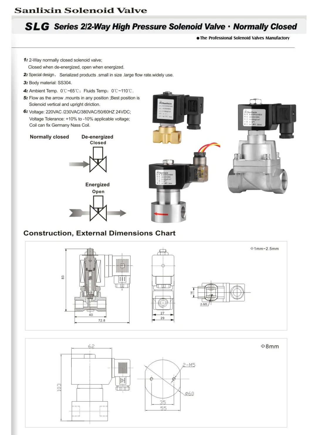 Steam Hot Water Brass Stainless Steel Solenoid Valve -- High Temperature (SLG SERIES)